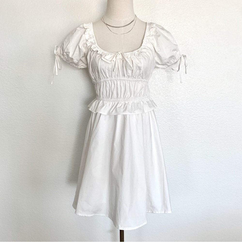 ☁️ White Tie Front Puff Sleeves Cotton Mini Dress - Picture 5 of 16